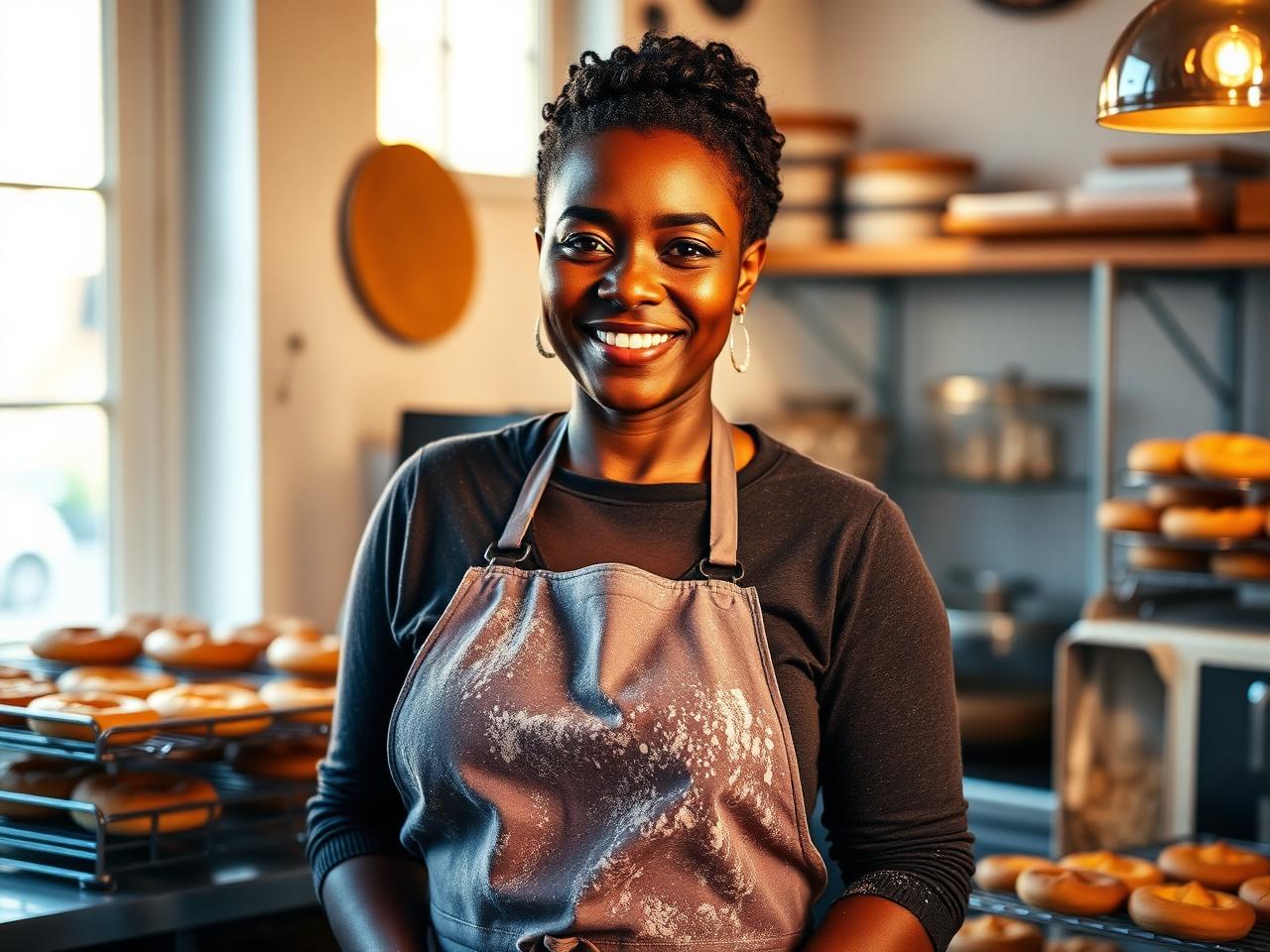 A Caribbean bakery owner smiling behind her counter